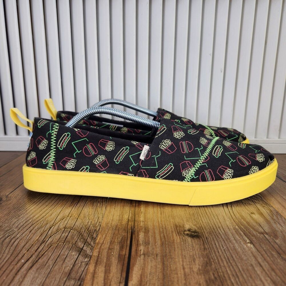 TOMS Venice Late Night Food Print Canvas Mens Size 12 Black Yellow Loafers Shoes
